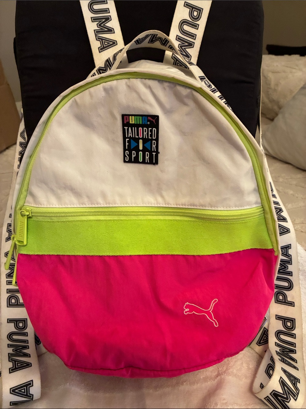 Puma White, Neon Green & Hot Pink Colorblock Backpack “Tailored for Sport.”
